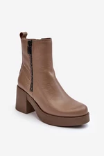 Lemar Littosa Lemar Littosa Dark Beige Leather Ankle Boots with Massive Heels with Zippers