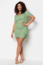 Trendyol Curve Dark Mint Fitted Knitted Dress with Smocking Details on the Sides