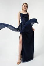 Lafaba Women's Navy Blue Bust Draped Slit, Glittery Evening Dress.