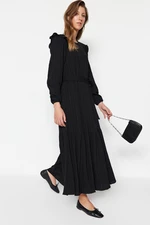 Trendyol Black Belted Viscose-Mixed Woven Dress with Ruffled Shoulder Frills Skirt