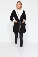 Trendyol Wellsoft Knitted Dressing Gown with Pocket and Motto Embroidery