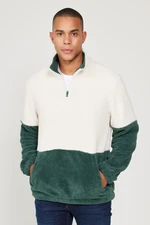 AC&Co / Altınyıldız Classics Men's Tassel-Dark Green Standard Fit Stand-Up Bato Collar Kangaroo Pocket Double Color Sherpa Fleece Sweatshirt
