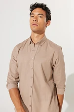 AC&Co / Altınyıldız Classics Men's Mink Tailored Slim Fit Slim Fit Oxford Buttoned Collar Linen-Looking 100% Cotton Flared Shirt.