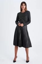 DEFACTO A Cut Faux Leather Normal Waist Midi Knitted Skirt