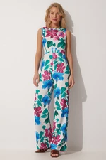 Happiness İstanbul Women's Ecru Blue Floral Summer Knitted Overalls
