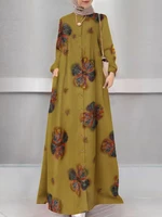 Women Floral Print Holiday A-Line Button Up Long Sleeve Muslim Dress Abaya Kaftan With Pocket