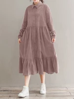 Women Corduroy CasualLace-up Ruffles Hem Loose Full Sleeve Mid-Calf Length Midi Dress