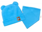 Baby Nellys Žebrovaná dvouvrstvá čepice s oušky + šátek TEDDY - modrá, vel. 68-74 (6-9m)