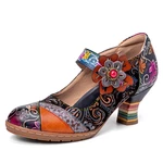 Socofy Leather Vintage Colorful Floral Decoration Mary Jane Shoes