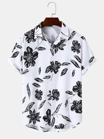 Mens Monochrome Floral Print Button Up Short Sleeve Shirts