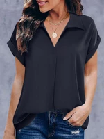 Solid V Neck Roll Sleeve Casual Blouse
