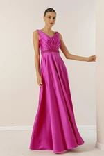 By Saygı V-Neck Thick Straps Waist Bead-lined Wide-Piece Long Satin Dress