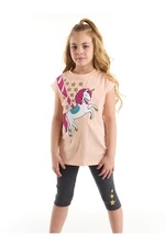 Mushi Carousel Girl Kid's Salmon T-shirt, Gray Leggings Set.
