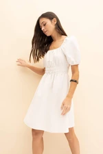 DEFACTO Square Collar Linen Mini Short Sleeve Dress