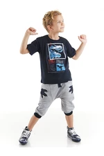 Mushi T-rex Info Boys' Navy Blue T-shirt with Gray Capri Shorts Summer Suit.