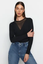 Trendyol Black Crew Neck Tulle Decollete Press Snap Fastener Flexible Knitted Body