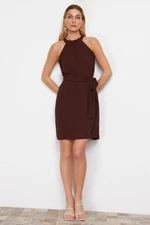 Trendyol Brown Belted Plain Fit Halter Neck Aerobin Woven Mini Dress