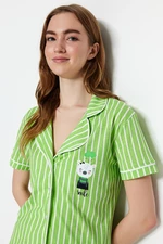 Trendyol Green Cotton Striped Animal Printed Shirt-Pants Knitted Pajama Set