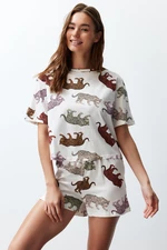 Trendyol Ecru 100% Cotton Animal Pattern Knitted Pajamas Set