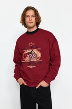 Trendyol Claret Red Oversize/Wide Cut Motorcycle Printed Fleece Inside Sweatshirt