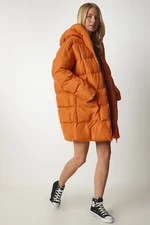 Happiness İstanbul Women's Orange Hooded Oversized Puffer Coat