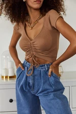 XHAN Women's Brown Short Sleeve Blouse with Shirries in the Front