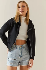XHAN Black Ribbon Zippered & Hooded Sweatshirt