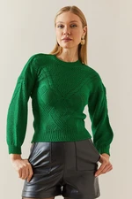 XHAN Green Crew Neck Balloon Sleeve Sweater