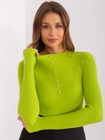 Light green fitted elegant sweater with rhinestones