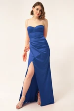 Lafaba Women's Indigo Stone Strap Slit Long Satin Evening Dress