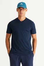 AC&Co / Altınyıldız Classics Men's Navy Blue Slim Fit Narrow Cut 100% Cotton V-Neck Short Sleeve T-Shirt