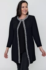 By Saygı Leopard Pattern With Trim And Front piping Plus Size Crepe Double Suit Black