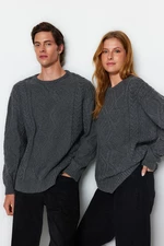 Trendyol Grey Oversize Wide Fit Sweter z plecionej dzianiny z okrągłym dekoltem