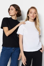 Trendyol White-Black 2-Pack 100% Cotton Basic Stand Up Collar Knitted T-Shirt