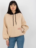 Beige-black basic hoodie with a loose cut