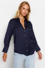 Trendyol Navy Blue Oversize/Cream Satin Woven Shirt