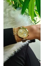 Polo Air Sport Stylish Women's Wristwatch and Zircon Stone Snowflake Bracelet Combination Yellow Color