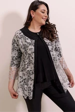By Saygı Lycra Blouse with Brooch Lace Jacket Plus Size 2 Pack Set Gray