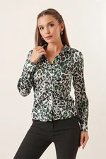 By Saygı Leopard Print Satin Shirt Green With Smocked Front
