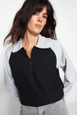 Trendyol Black Thessaloniki/Knitwear Look Color Block Zippered Polo Neck Crop Knitted Sweatshirt Trendyol Black Thessaloniki/Knitwear Look Color Block Zippered Polo Neck Crop Knitted Sweatshirt