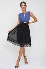 By Saygı Indigo Evening Dress With Guipure Skirt Pleated Belt