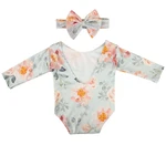 Newborn Girls Photography Props Flower Printed Romper Bow Headband Outfit Infants Photo Hairband Jumpsuit Fotografia