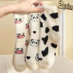 2Pairs Cute Cow Pattern Fuzzy Crew Socks Milk Spotted Plush Thickened Soft Cute Comfortable Mid Tube Socks Warm Autumn Winter