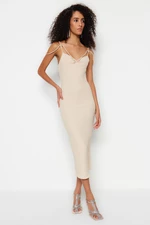 Trendyol Beige Fitted Lined Knitted Bib Textured Evening Dress