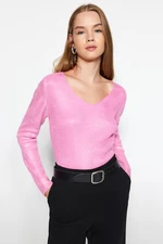 Trendyol růžový základní fóliový pletený svetr s potiskem