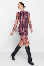 Trendyol Różowa plisa Tkanina Wzorzysta Shift / Plain Lined High Neck Midi Dzianinowa Sukienka