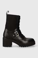 Kožené členkové topánky Tommy Hilfiger TOMMY BELT LEATHER BOOT dámske, čierna farba, na podpätku, FW0FW07526