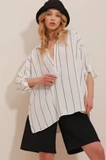 Trend Alaçatı Stili Women's White Polo Neck Contrast Striped Oversized Blouse with slits