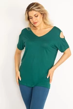 Şans Women's Plus Size Green Decollete Decollete Viscose Blouse