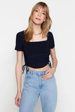 Trendyol Navy Blue Square Collar Shirring Detail Fitted/Slippery Knitted Blouse with Crop